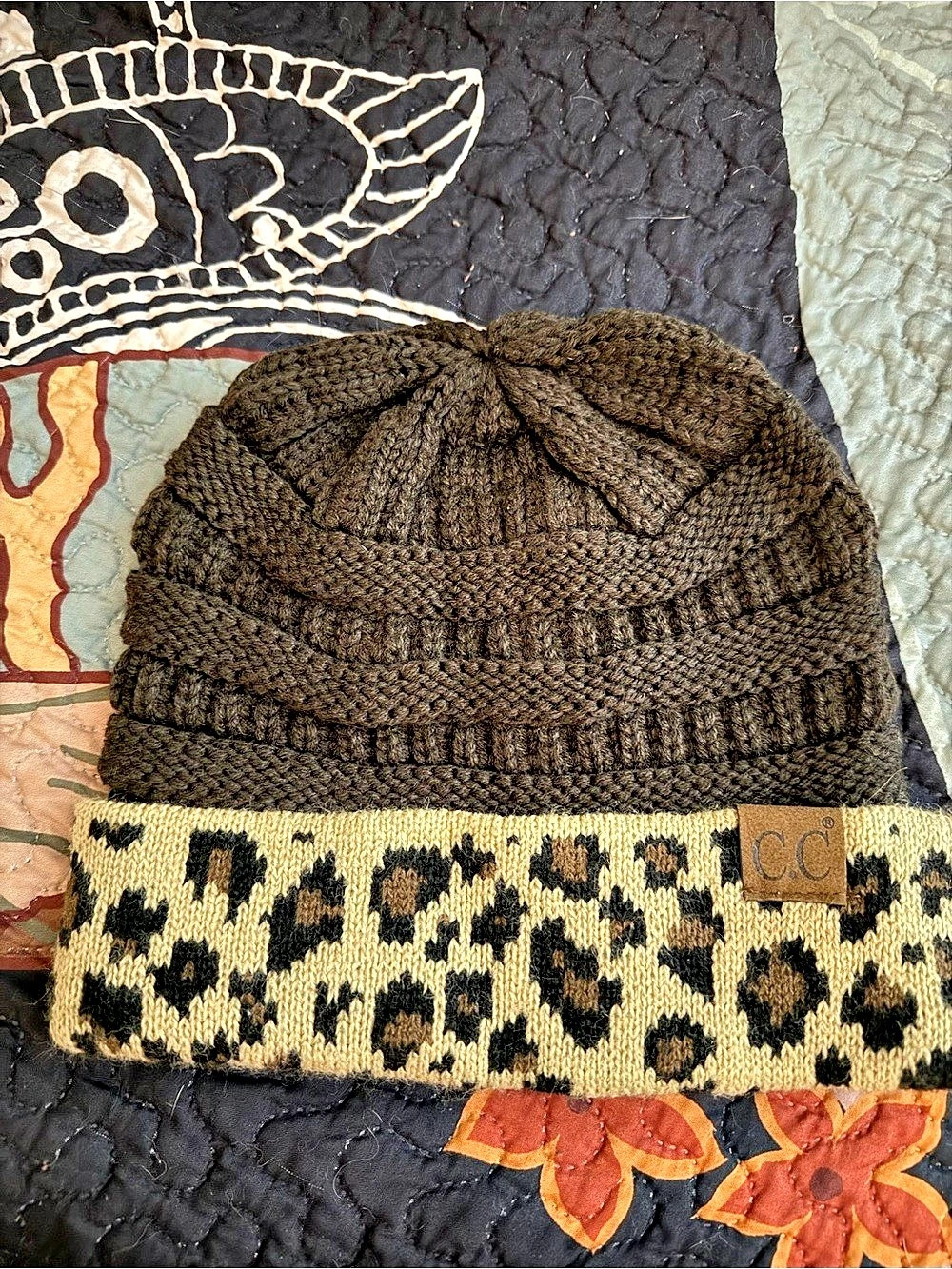 C.C Solid Color Leopard Cuff Beanie Brown & Cream
